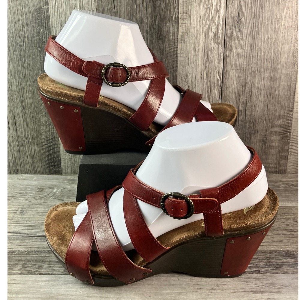 Dansko Red Leather Strappy Wedge Sandals Studded Platform Buckle Size 40
